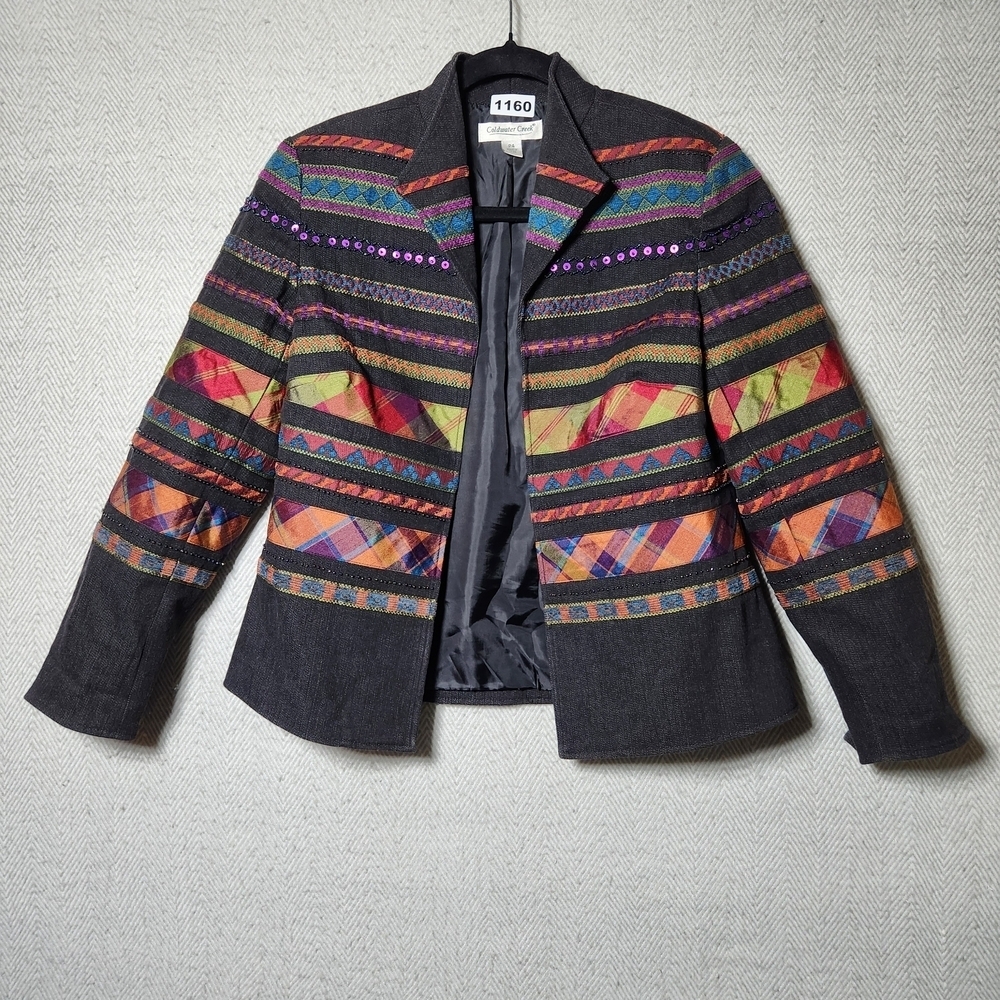 Coldwater Creek Womens Petite 4 Colorful Patterned Beaded Sequin Jacket Denim - Picture 1 of 12